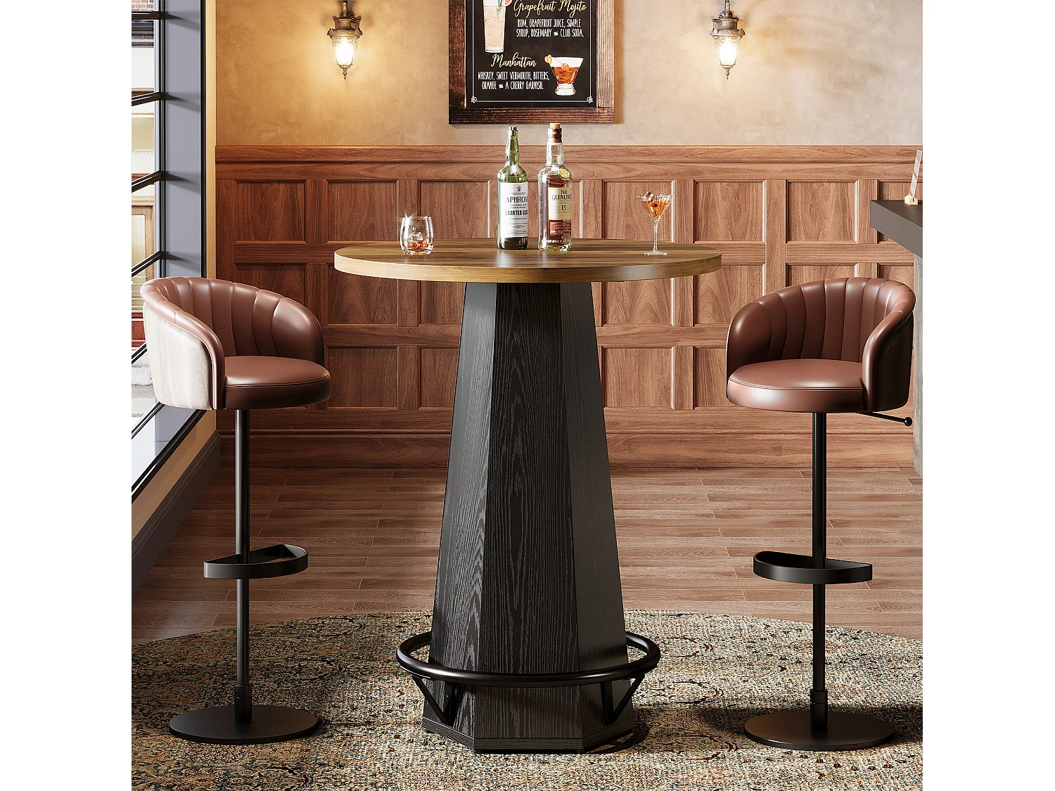 Table de bar ronde haute, 100 cm de hauteur, style bistro, avec repose-pieds en métal