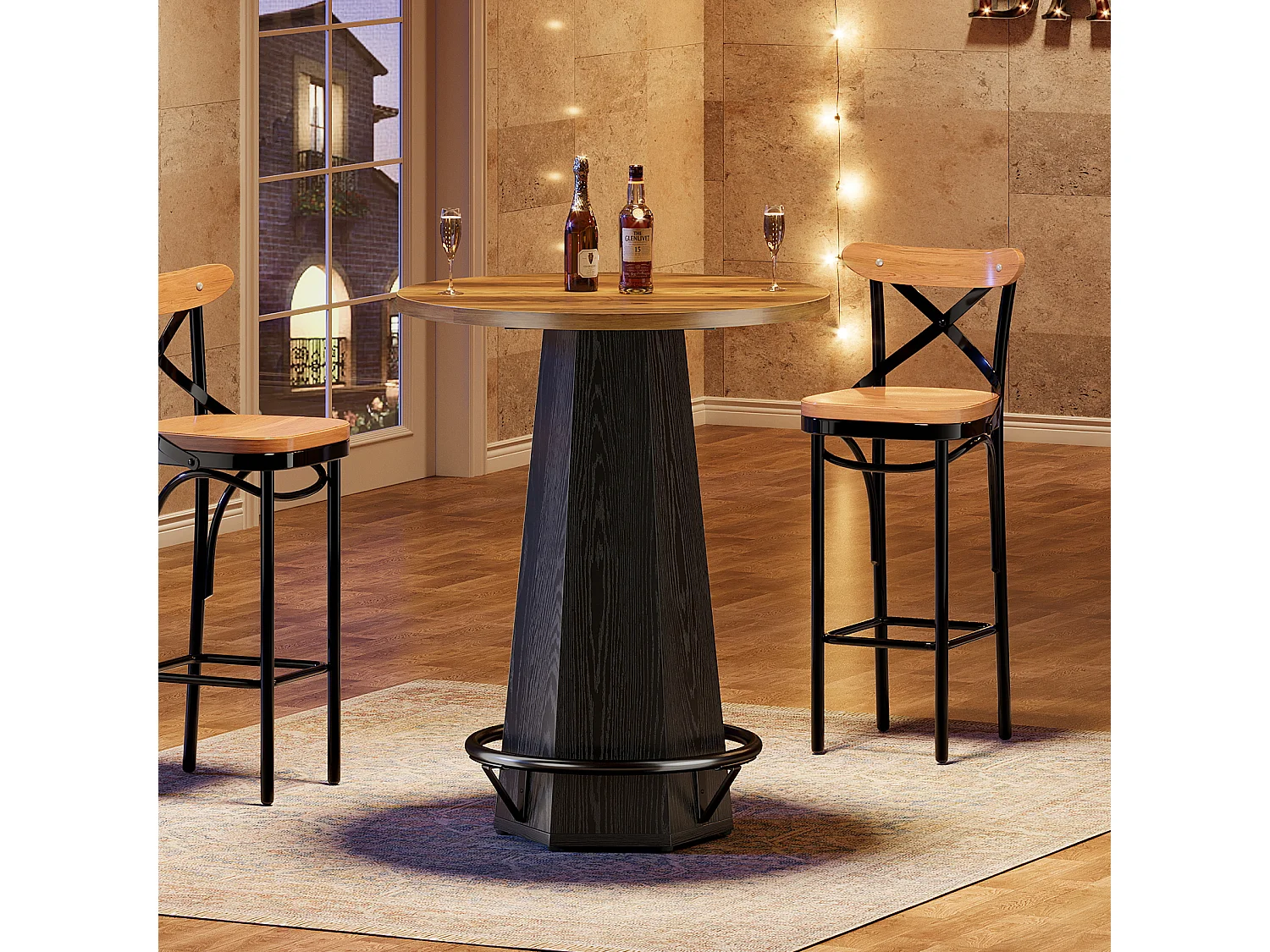 Table de bar ronde haute, 100 cm de hauteur, style bistro, avec repose-pieds en métal