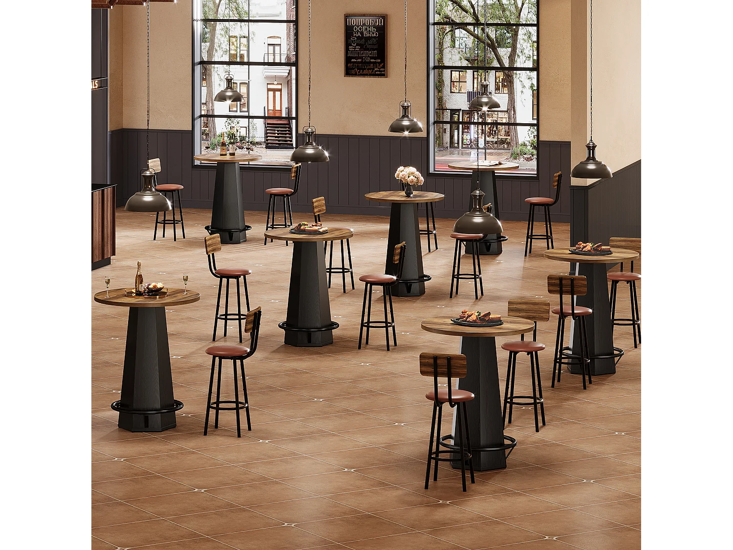 Table de bar ronde haute, 100 cm de hauteur, style bistro, avec repose-pieds en métal
