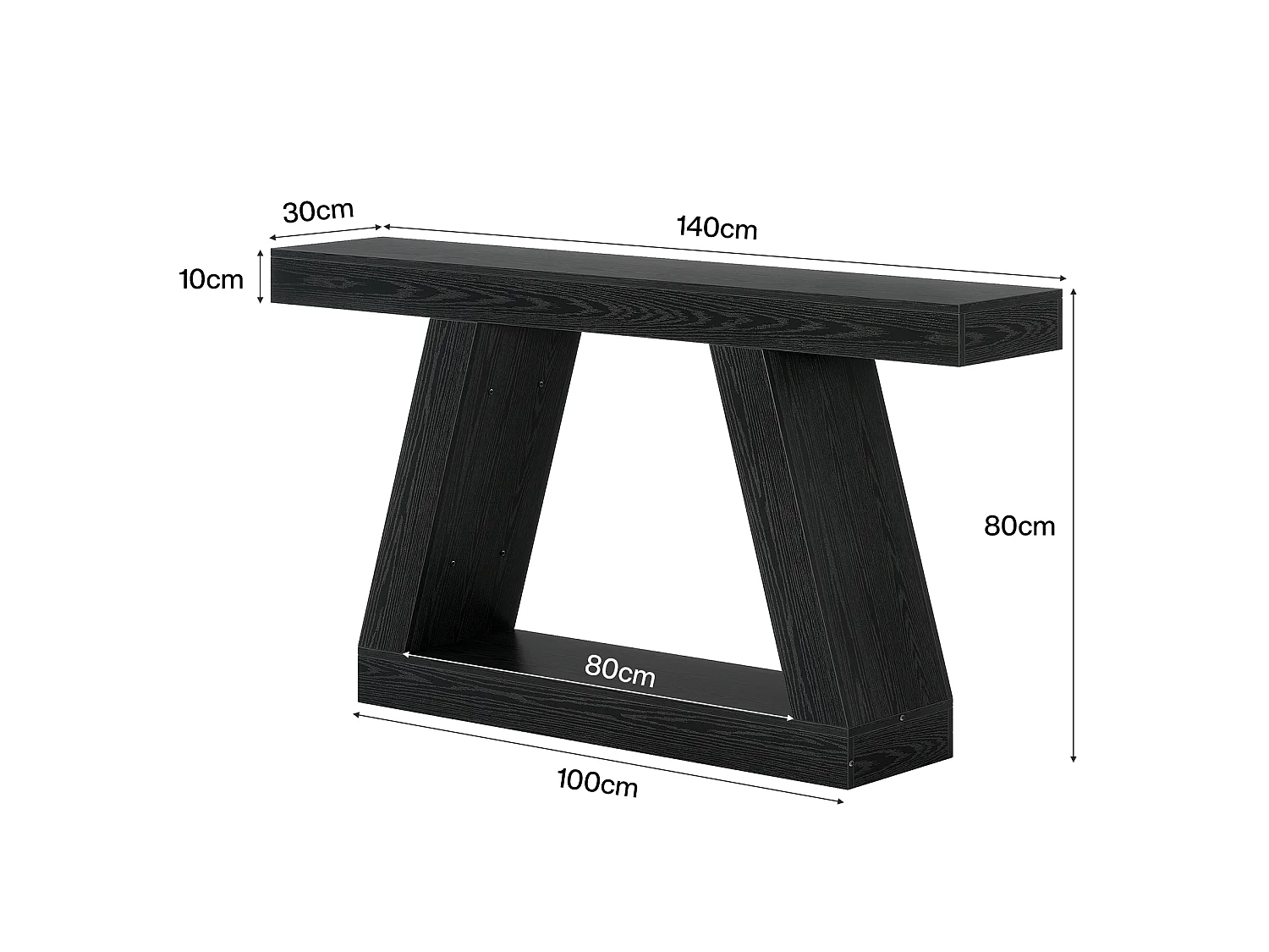 Console noire, table basse rustique de 140 cm avec rangement