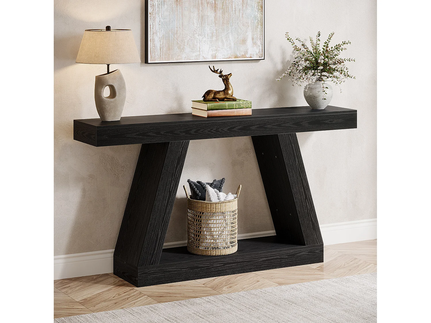 Console noire, table basse rustique de 140 cm avec rangement