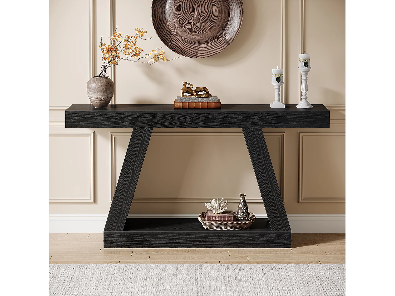 Console noire, table basse rustique de 140 cm avec rangement