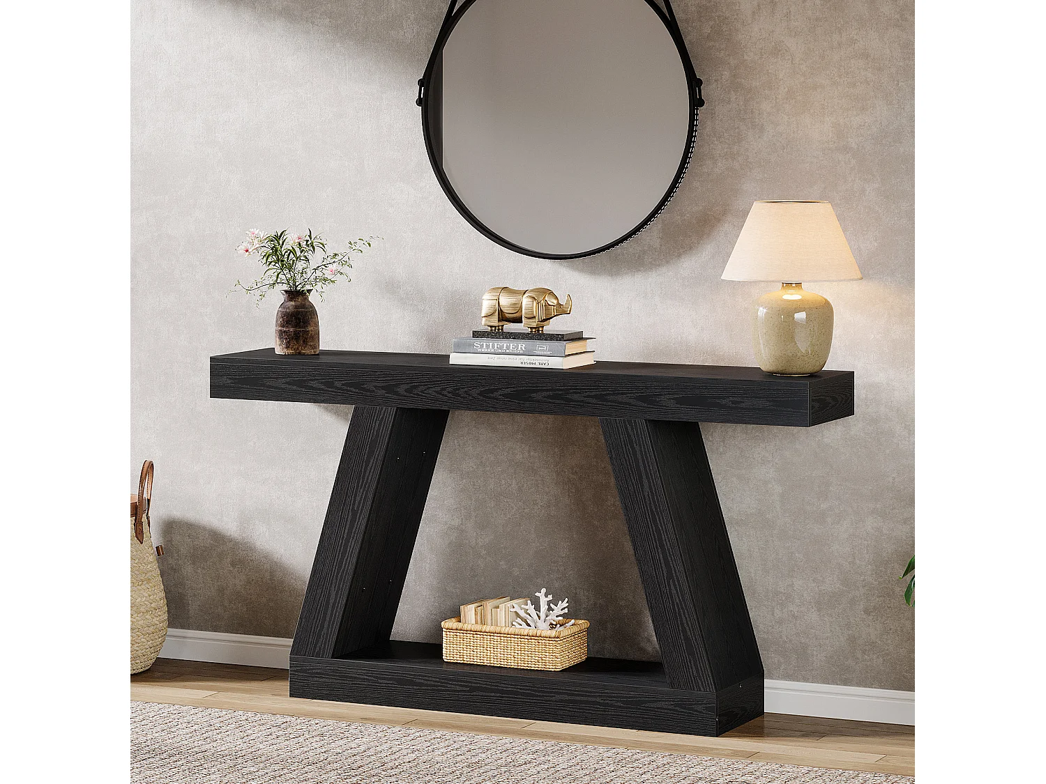 Console noire, table basse rustique de 140 cm avec rangement