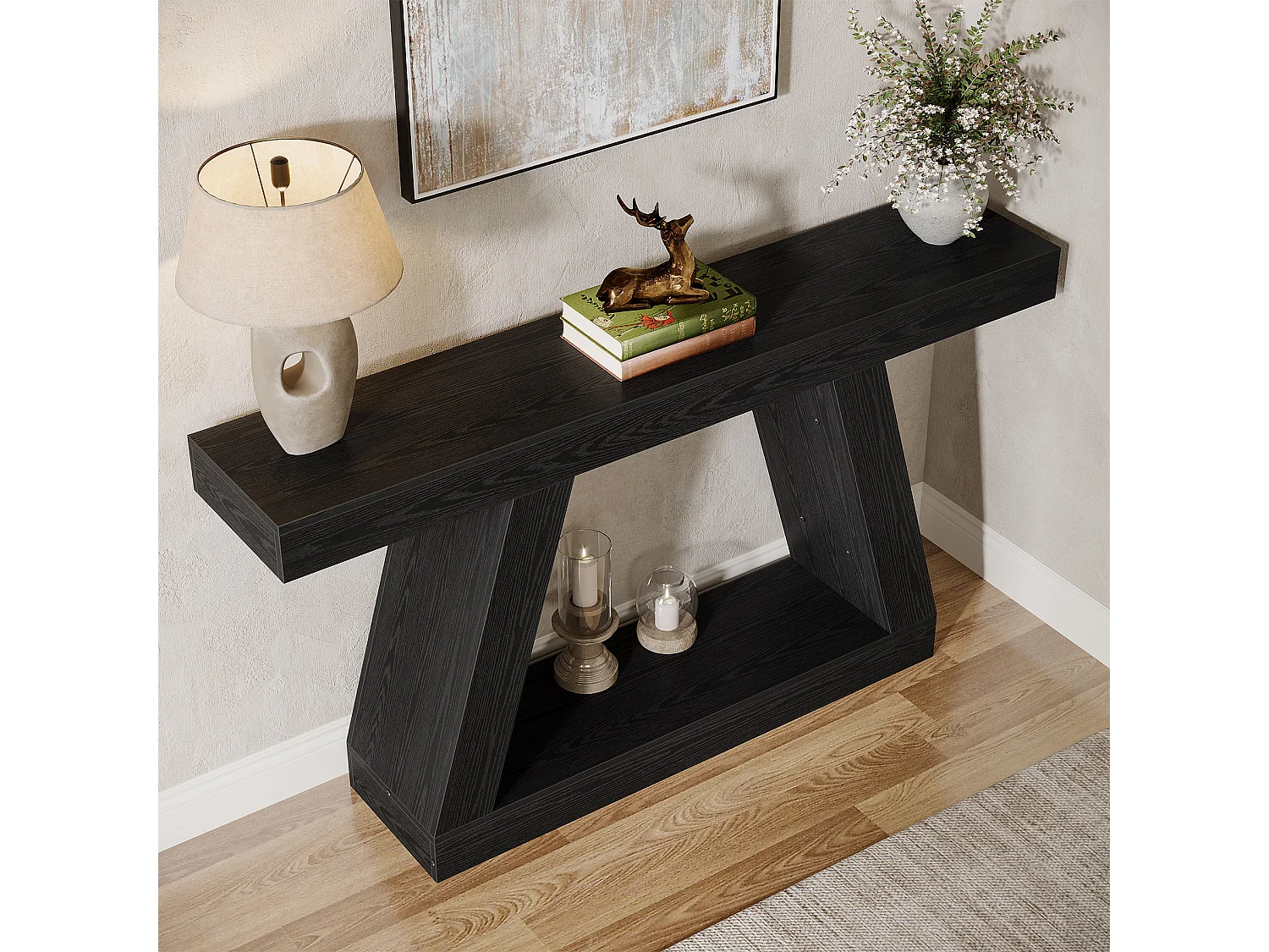 Console noire, table basse rustique de 140 cm avec rangement