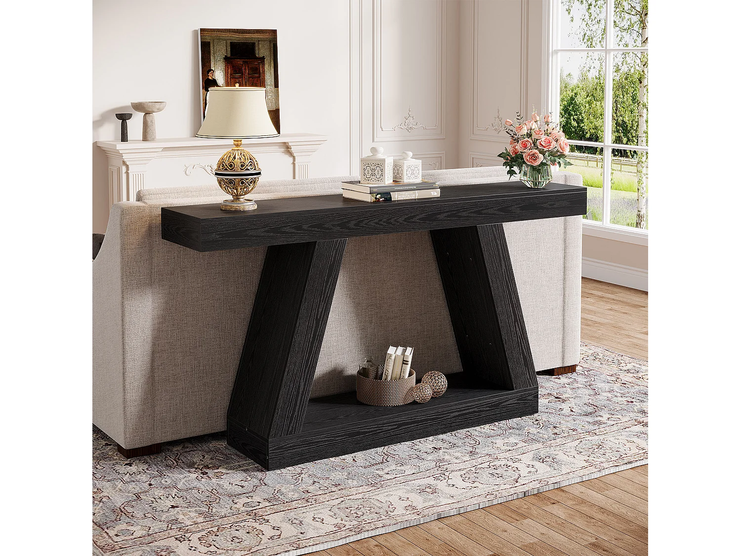 Console noire, table basse rustique de 140 cm avec rangement