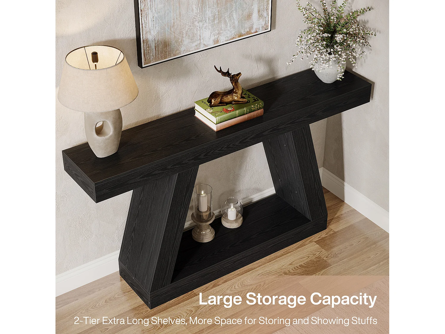 Console noire, table basse rustique de 140 cm avec rangement