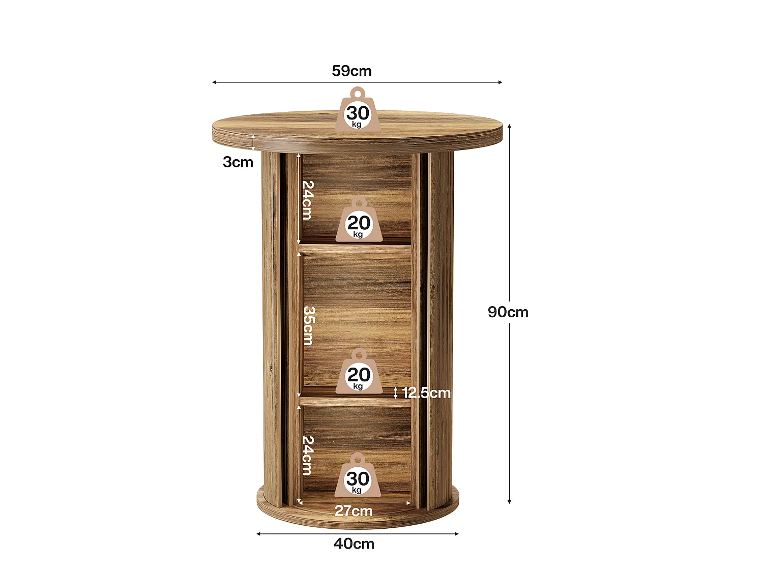 Table de bar ronde avec rangement dissimulé à 3 niveaux, table de bistro haute rustique avec porte coulissante à tambour
