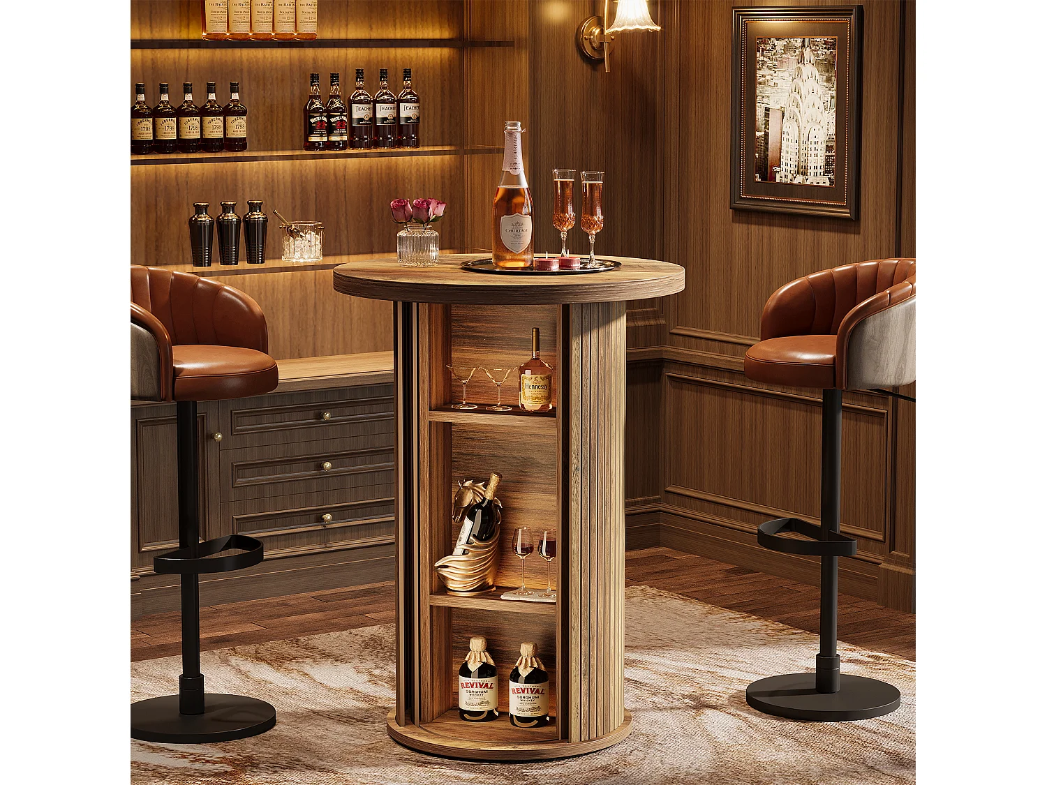 Table de bar ronde avec rangement dissimulé à 3 niveaux, table de bistro haute rustique avec porte coulissante à tambour