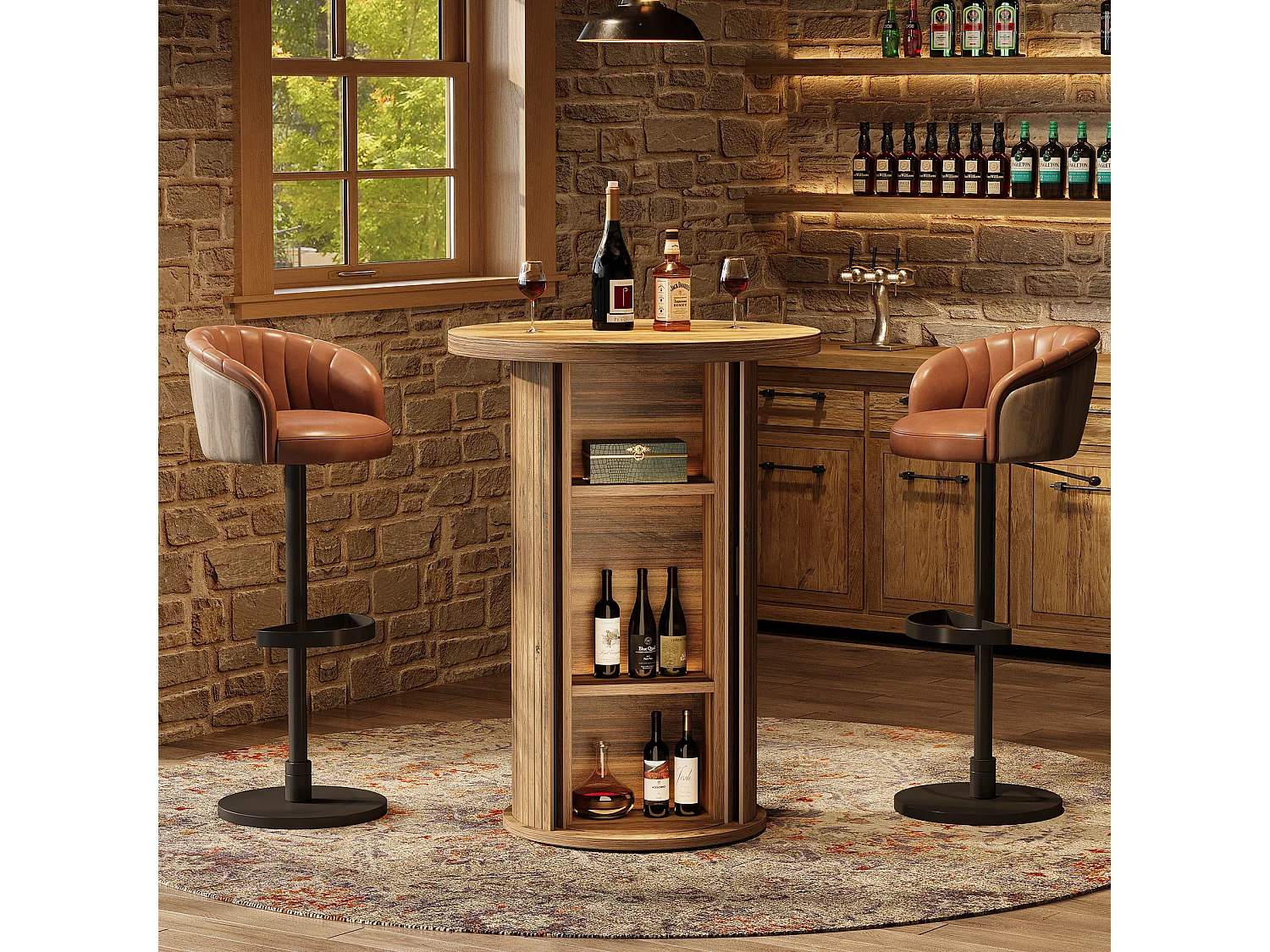 Table de bar ronde avec rangement dissimulé à 3 niveaux, table de bistro haute rustique avec porte coulissante à tambour