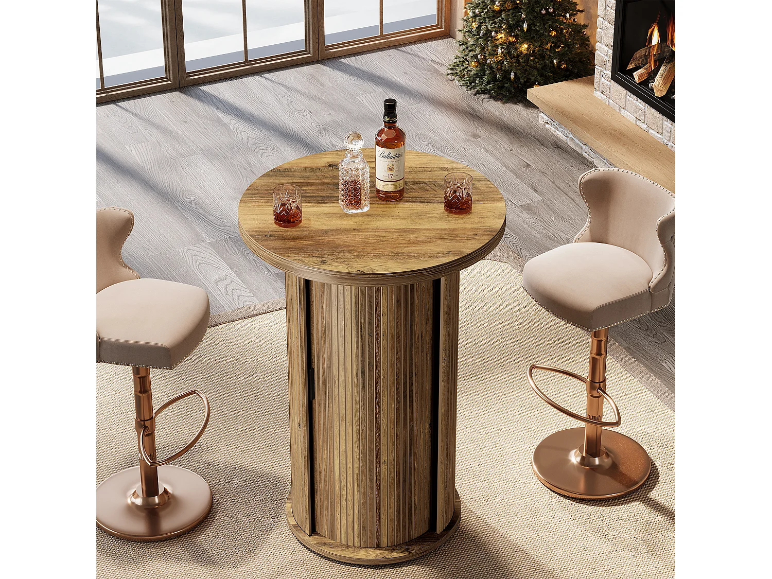 Table de bar ronde avec rangement dissimulé à 3 niveaux, table de bistro haute rustique avec porte coulissante à tambour