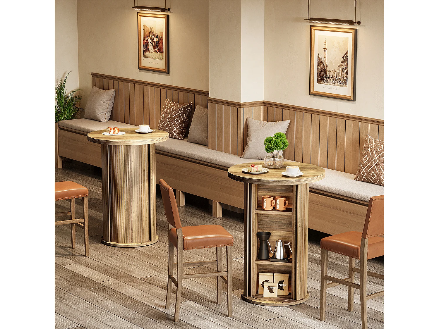 Table de bar ronde avec rangement dissimulé à 3 niveaux, table de bistro haute rustique avec porte coulissante à tambour