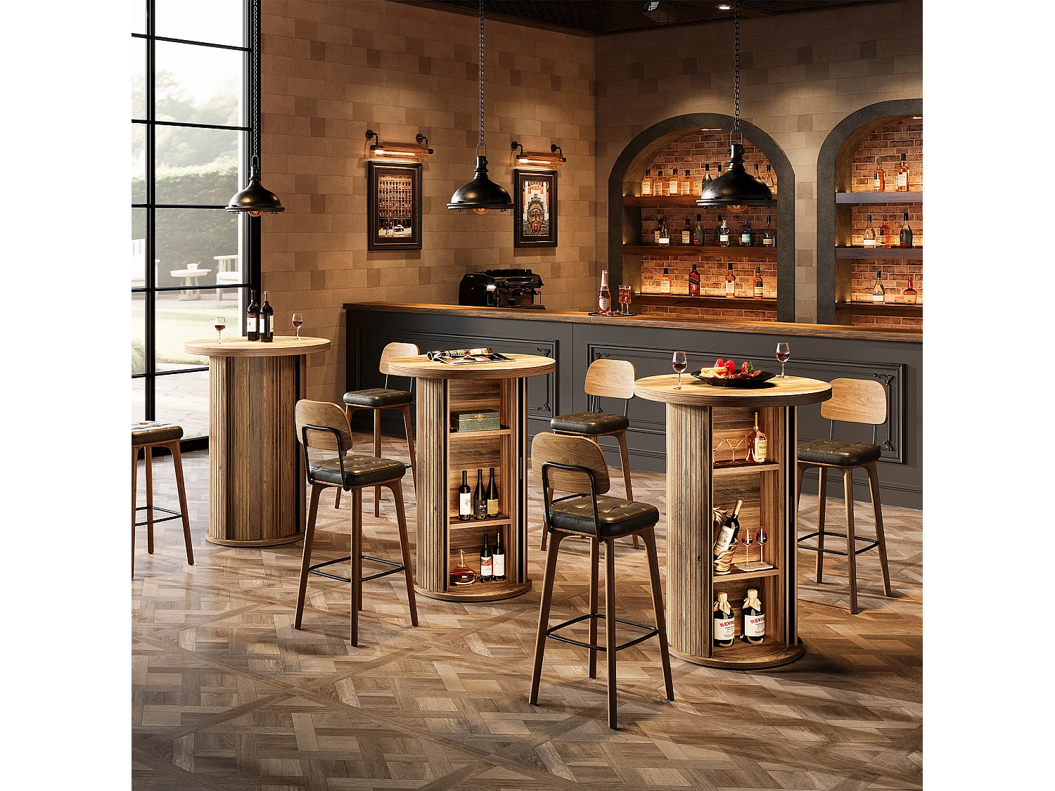 Table de bar ronde avec rangement dissimulé à 3 niveaux, table de bistro haute rustique avec porte coulissante à tambour