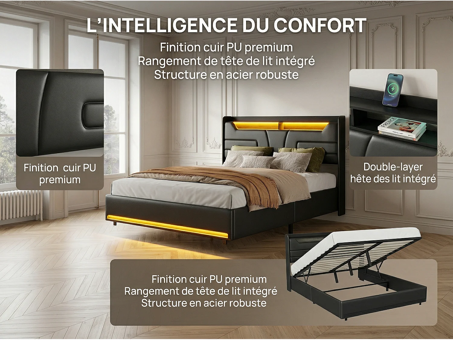 Lit coffre 140x200 cm noir avec sommier à lattes, rangement hydraulique spacieux, lit double avec tête de lit rembourrée et éclairage LED