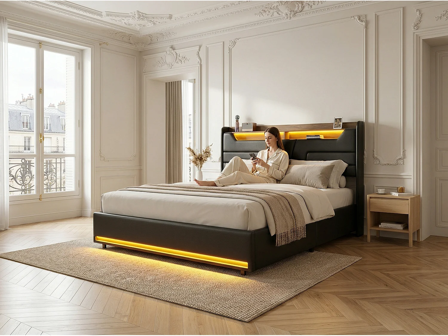 Lit coffre 140x200 cm noir avec sommier à lattes, rangement hydraulique spacieux, lit double avec tête de lit rembourrée et éclairage LED