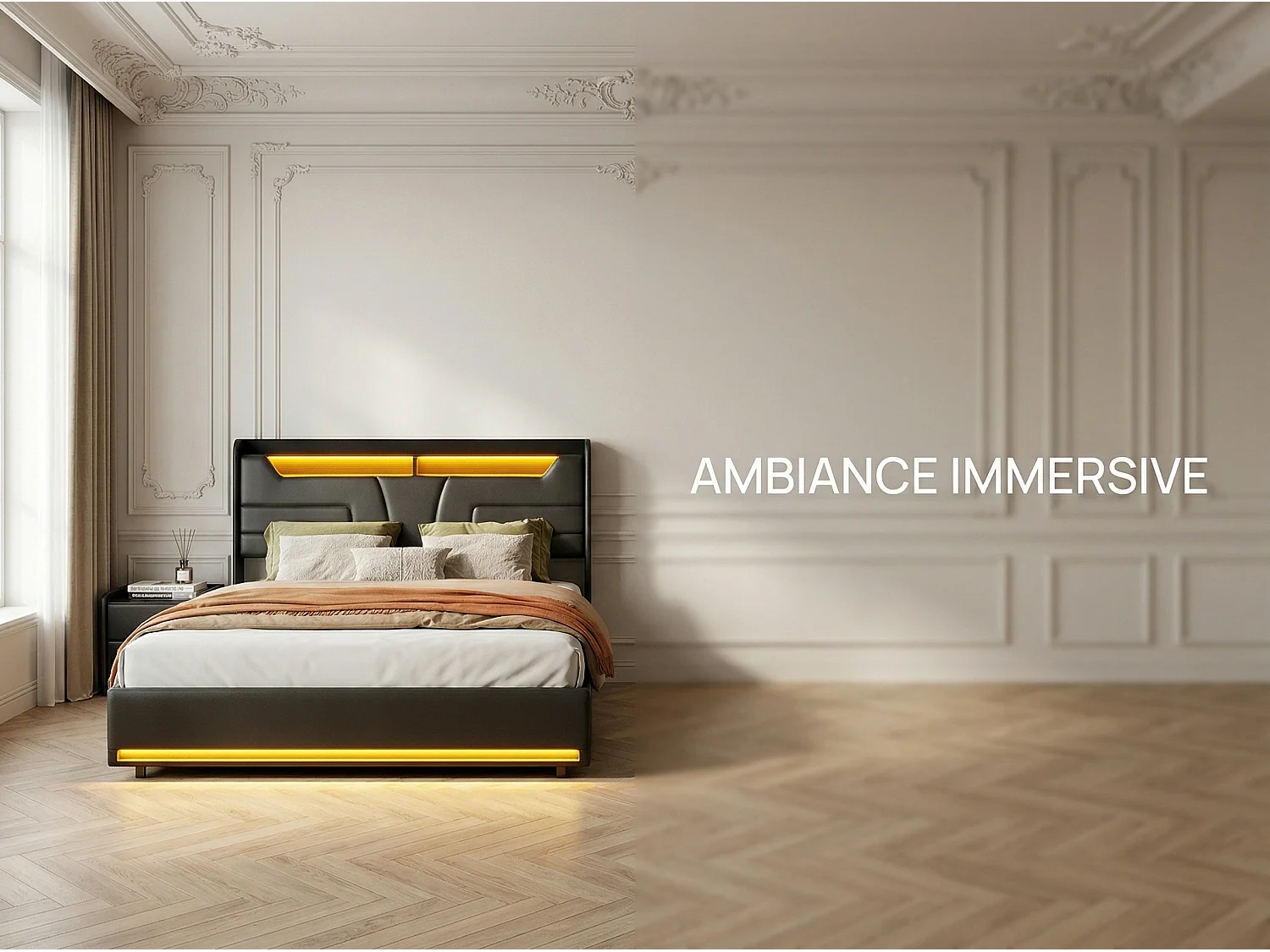 Lit coffre 140x200 cm noir avec sommier à lattes, rangement hydraulique spacieux, lit double avec tête de lit rembourrée et éclairage LED