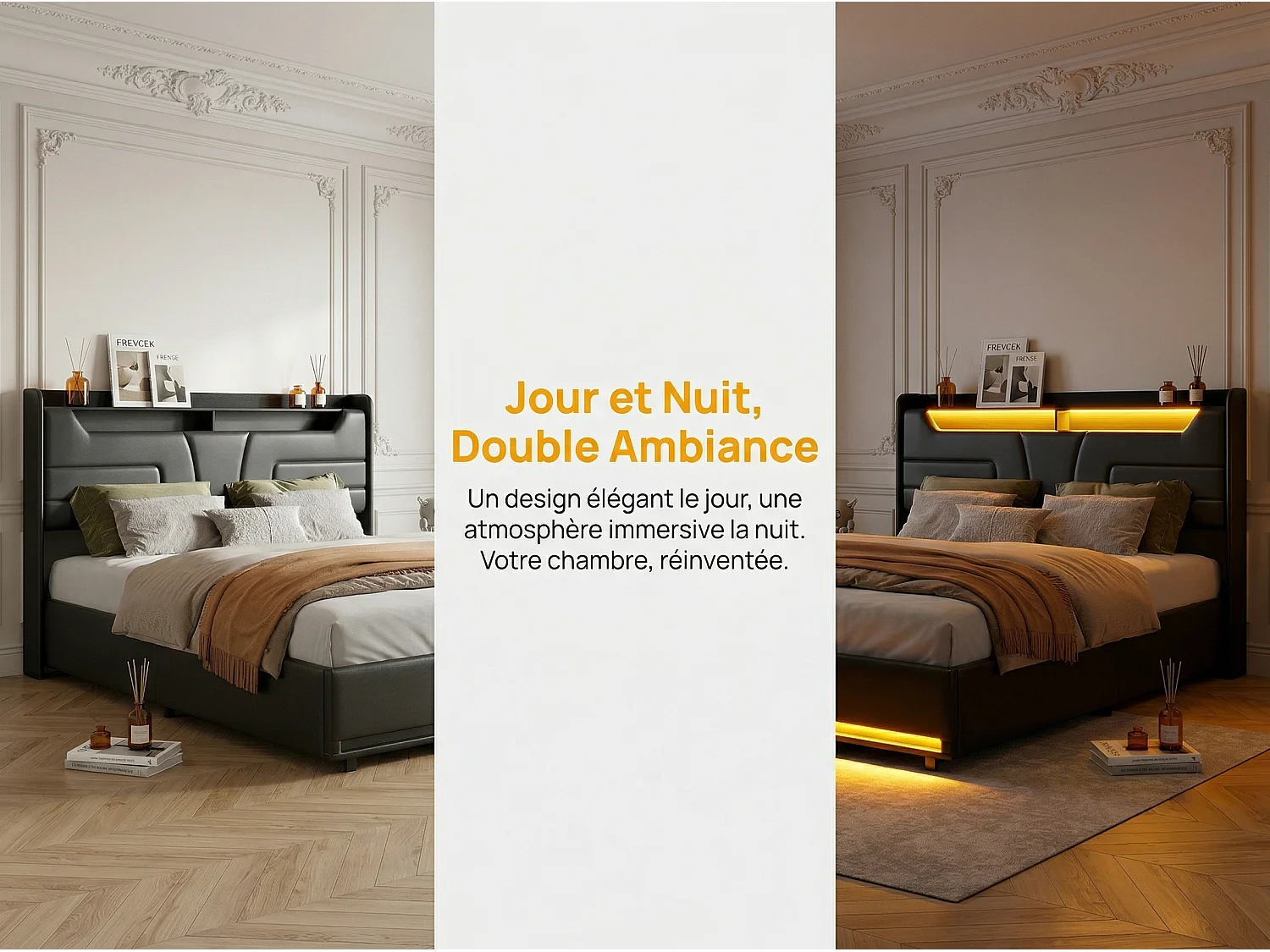 Lit coffre 140x200 cm noir avec sommier à lattes, rangement hydraulique spacieux, lit double avec tête de lit rembourrée et éclairage LED
