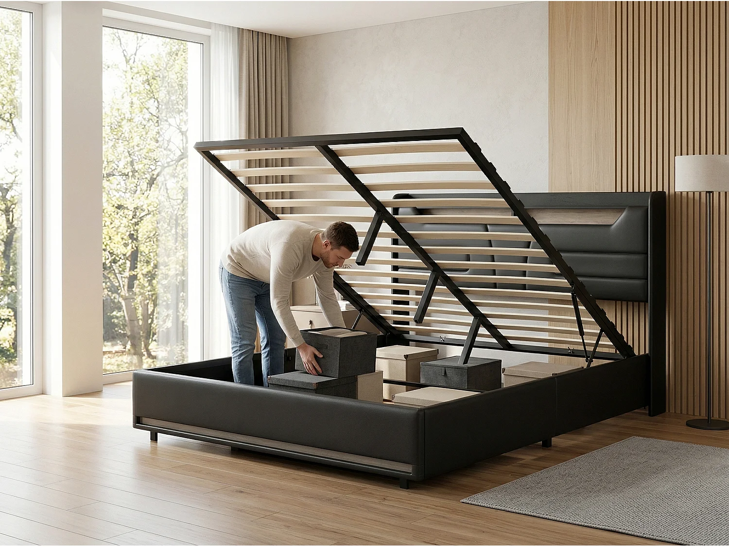 Lit coffre 140x200 cm noir avec sommier à lattes, rangement hydraulique spacieux, lit double avec tête de lit rembourrée et éclairage LED