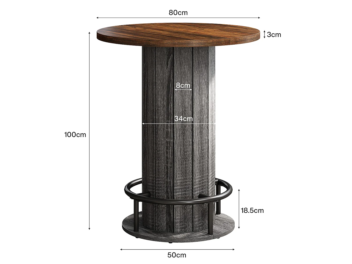 Table de bar ronde, table de cocktail bistro de 100 cm de haut avec repose-pieds en métal, marron et gris (table seule)
