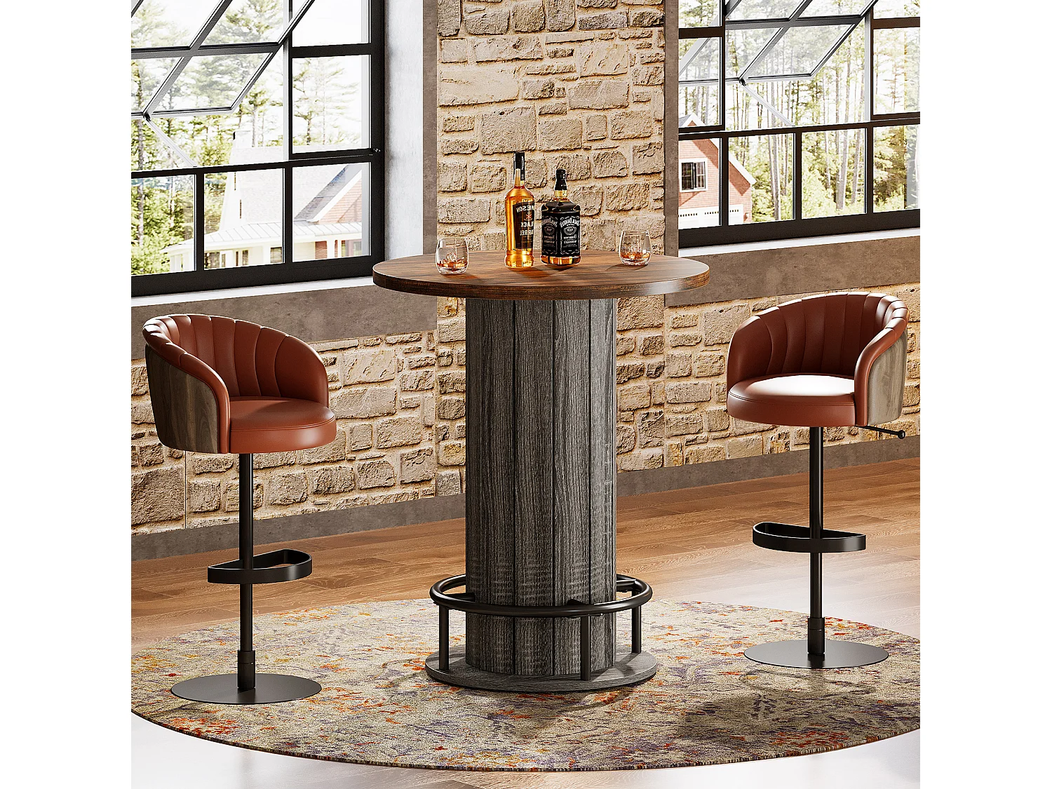 Table de bar ronde, table de cocktail bistro de 100 cm de haut avec repose-pieds en métal, marron et gris (table seule)