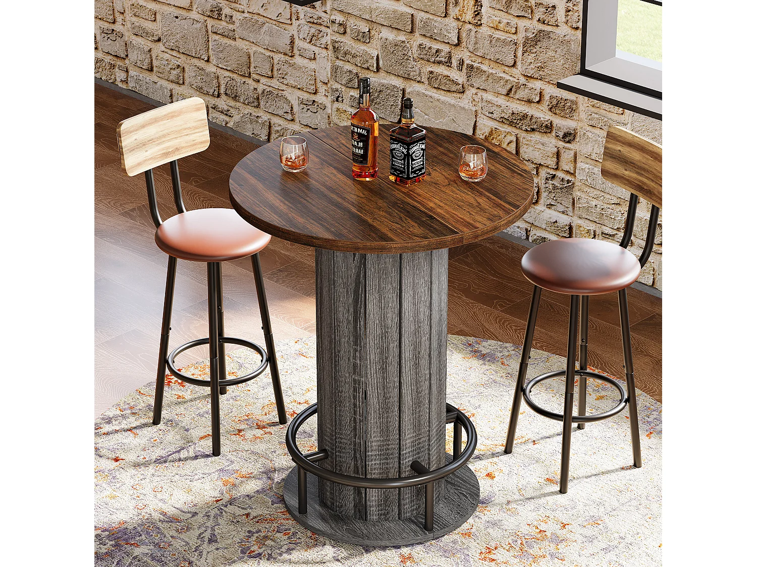 Table de bar ronde, table de cocktail bistro de 100 cm de haut avec repose-pieds en métal, marron et gris (table seule)