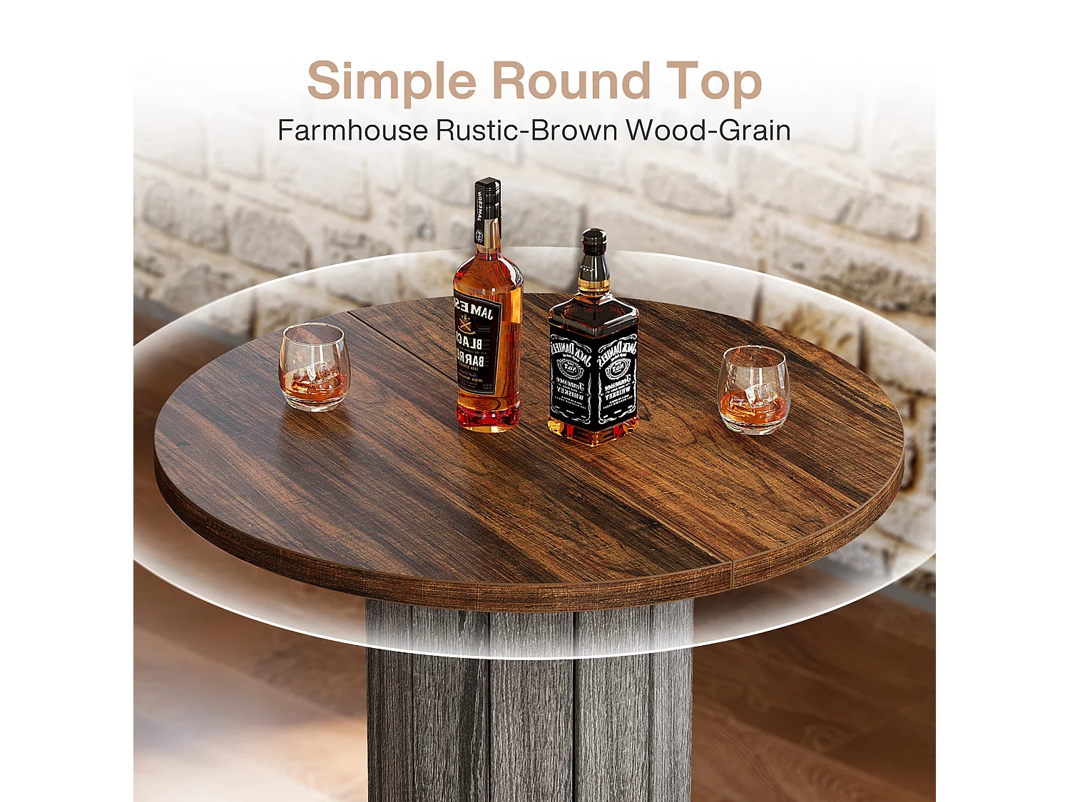 Table de bar ronde, table de cocktail bistro de 100 cm de haut avec repose-pieds en métal, marron et gris (table seule)