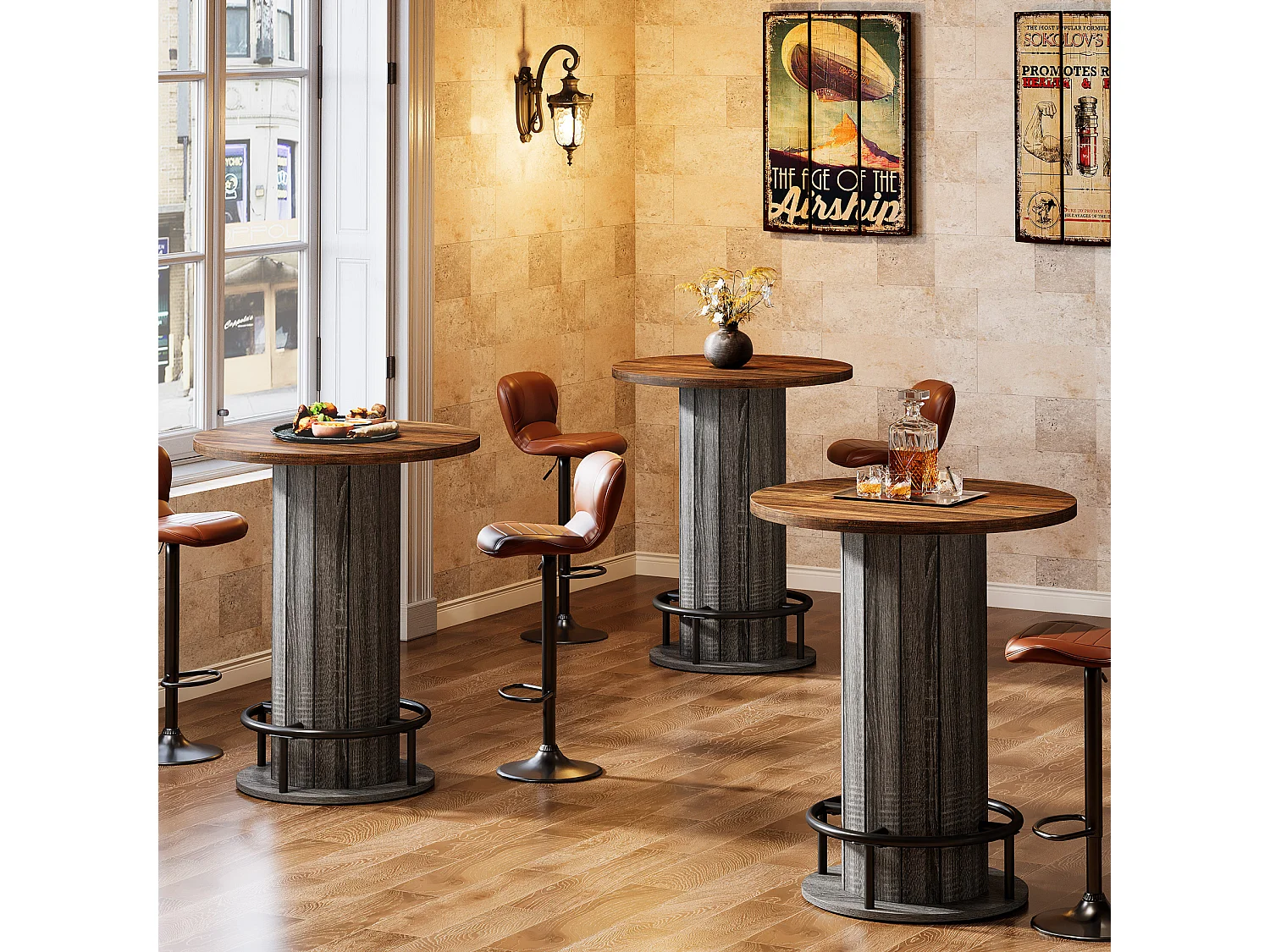 Table de bar ronde, table de cocktail bistro de 100 cm de haut avec repose-pieds en métal, marron et gris (table seule)