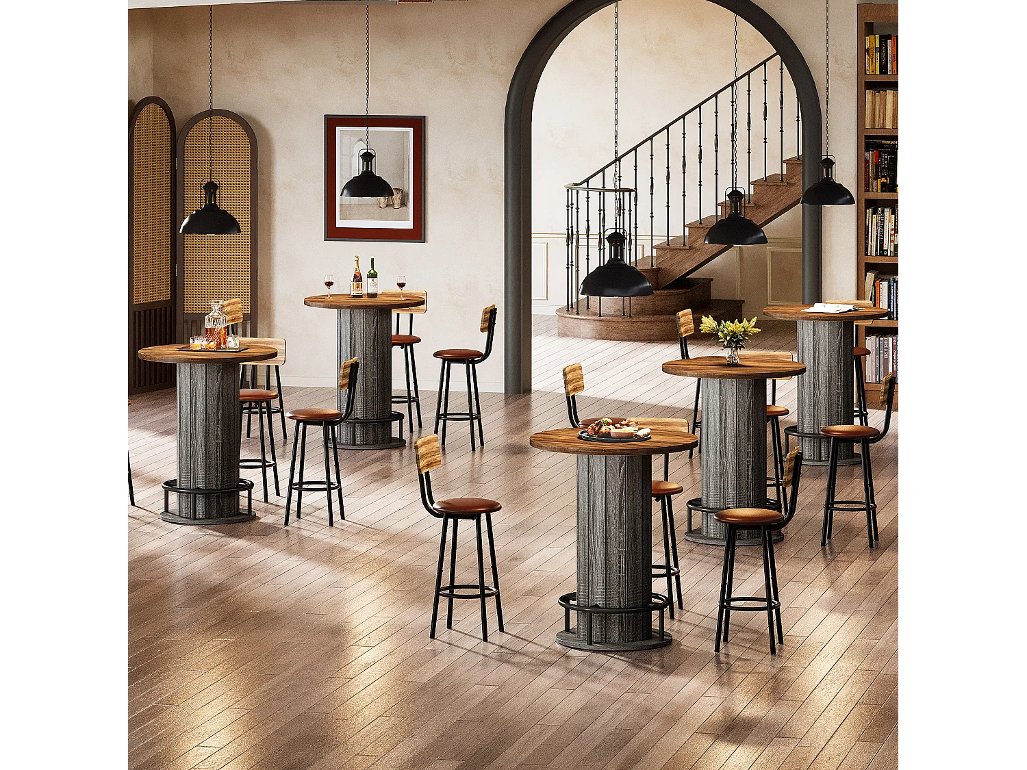 Table de bar ronde, table de cocktail bistro de 100 cm de haut avec repose-pieds en métal, marron et gris (table seule)