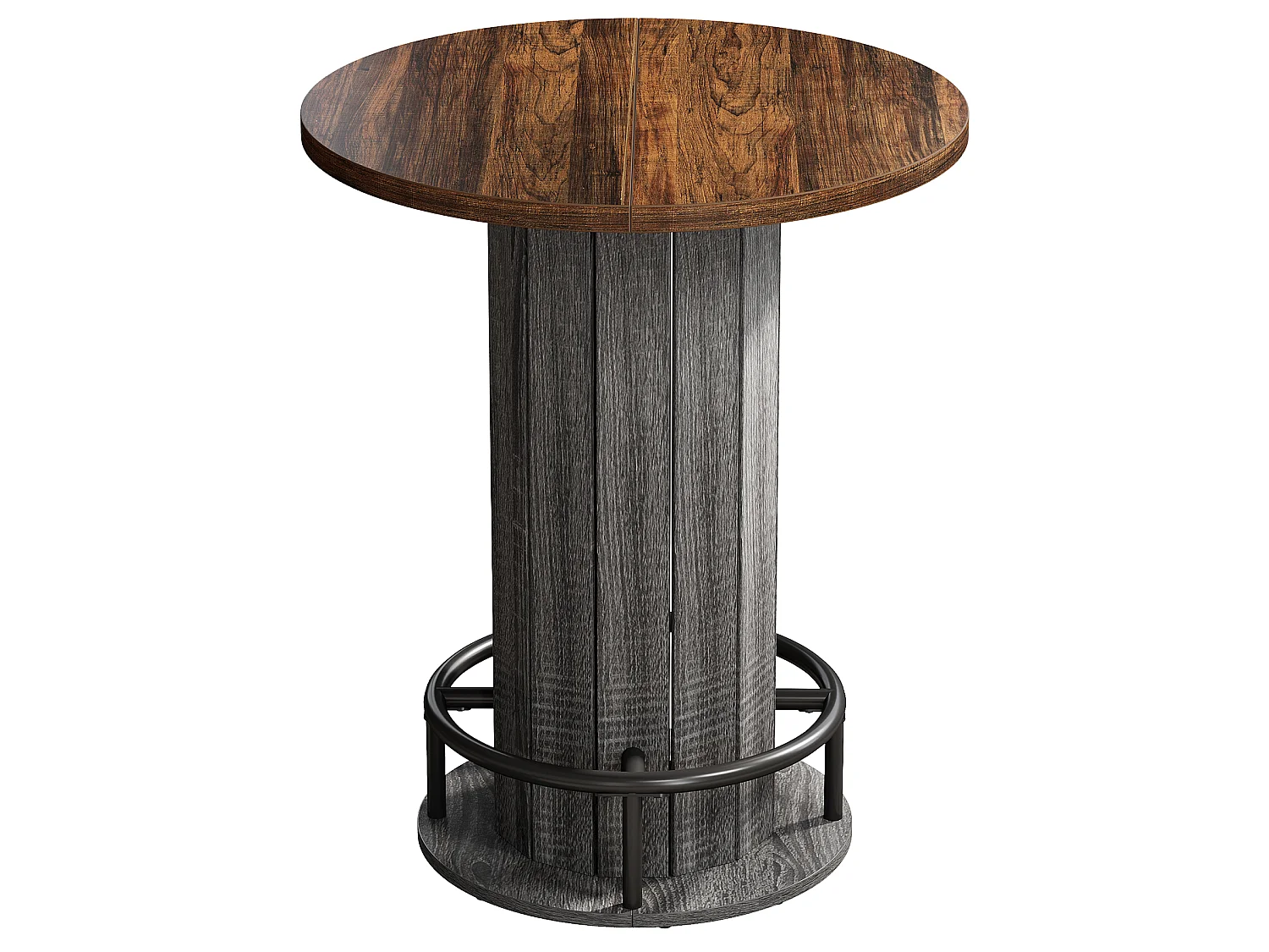 Table de bar ronde, table de cocktail bistro de 100 cm de haut avec repose-pieds en métal, marron et gris (table seule)