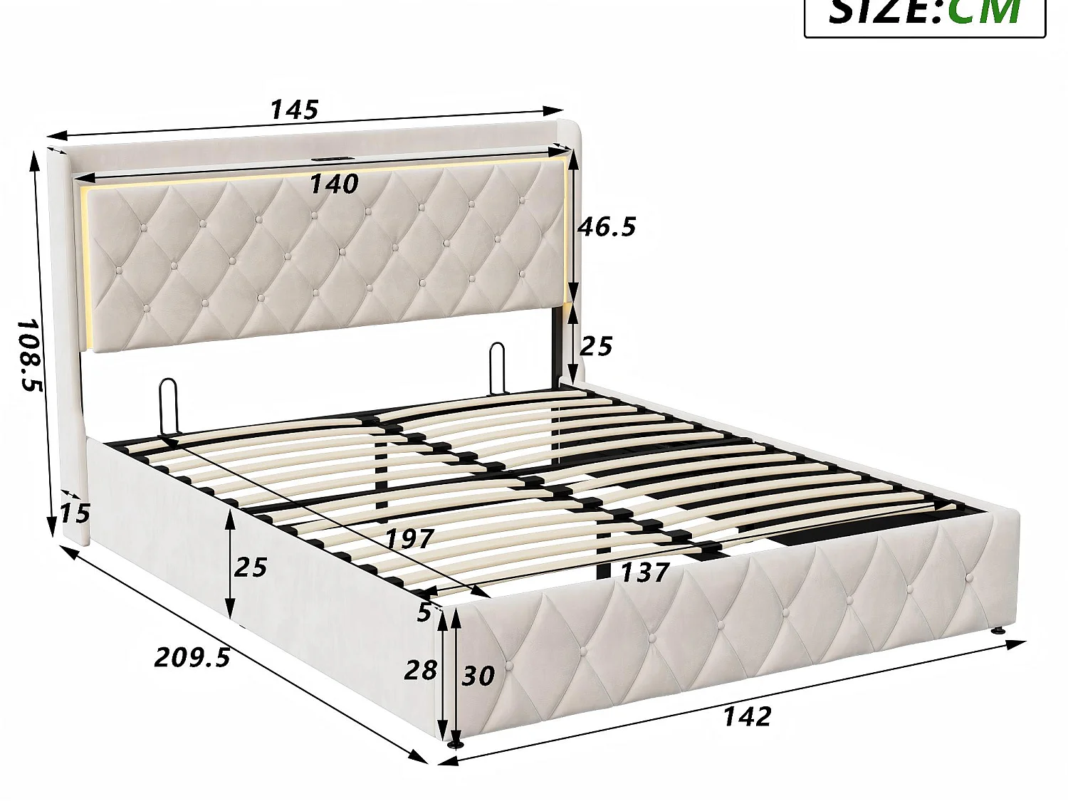Lit coffre 140x190 cm - LED et USB - Lit double avec tête de lit rangement - Velours - Sommier inclus