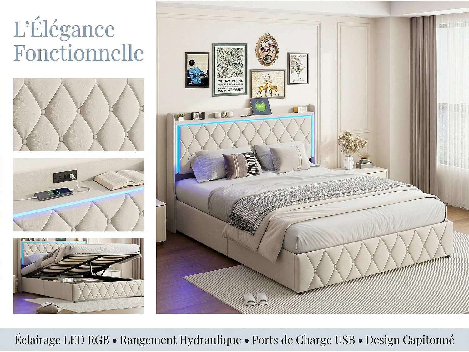 Lit coffre 140x190 cm - LED et USB - Lit double avec tête de lit rangement - Velours - Sommier inclus
