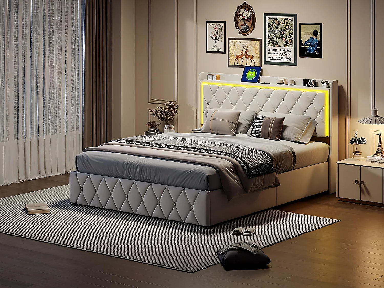Lit coffre 140x190 cm - LED et USB - Lit double avec tête de lit rangement - Velours - Sommier inclus