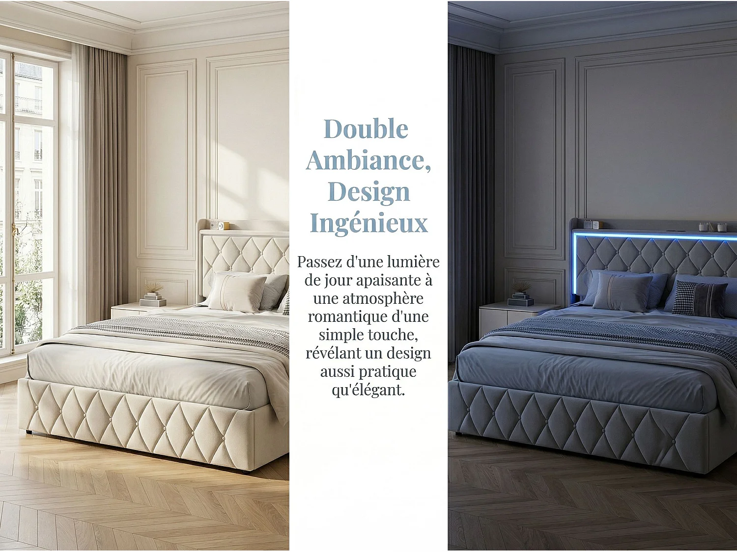 Lit coffre 140x190 cm - LED et USB - Lit double avec tête de lit rangement - Velours - Sommier inclus