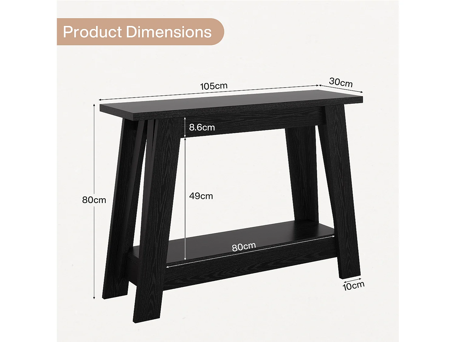 Console de 105 cm, table d'entrée à 2 niveaux avec rangement, style rustique étroit, idéale derrière un canapé, pour le salon ou le couloir, noire