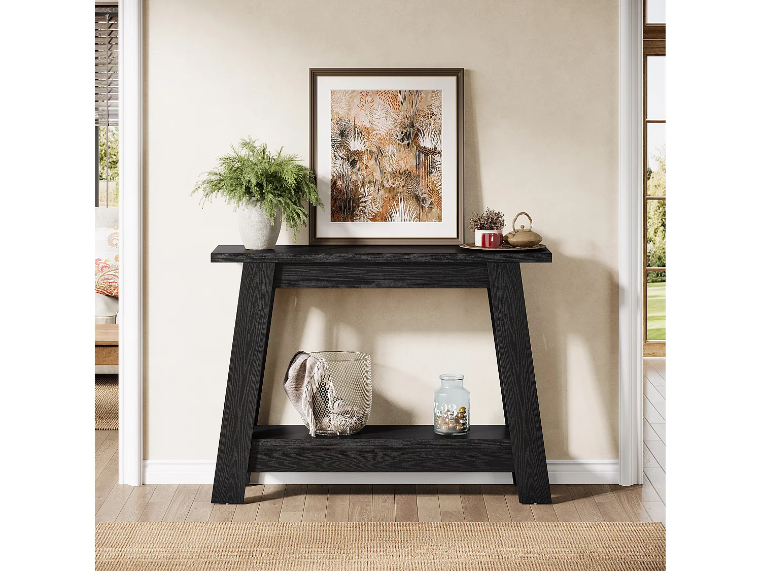 Console de 105 cm, table d'entrée à 2 niveaux avec rangement, style rustique étroit, idéale derrière un canapé, pour le salon ou le couloir, noire