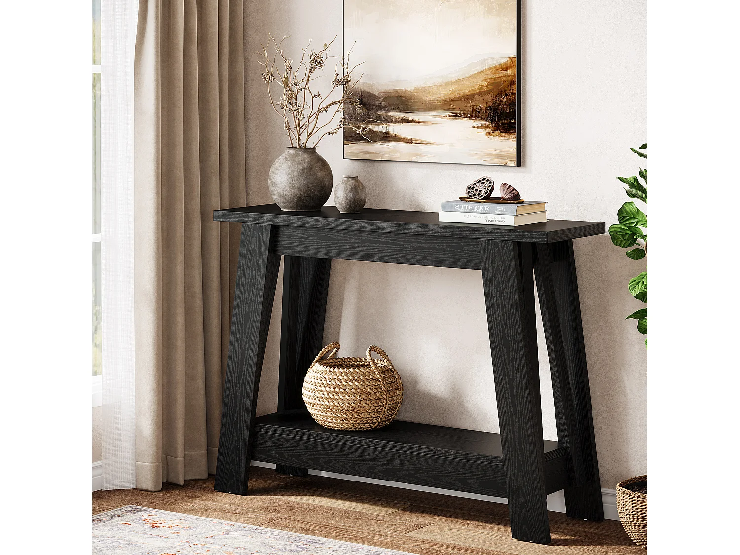 Console de 105 cm, table d'entrée à 2 niveaux avec rangement, style rustique étroit, idéale derrière un canapé, pour le salon ou le couloir, noire