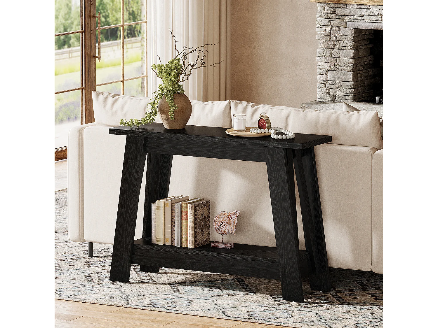 Console de 105 cm, table d'entrée à 2 niveaux avec rangement, style rustique étroit, idéale derrière un canapé, pour le salon ou le couloir, noire