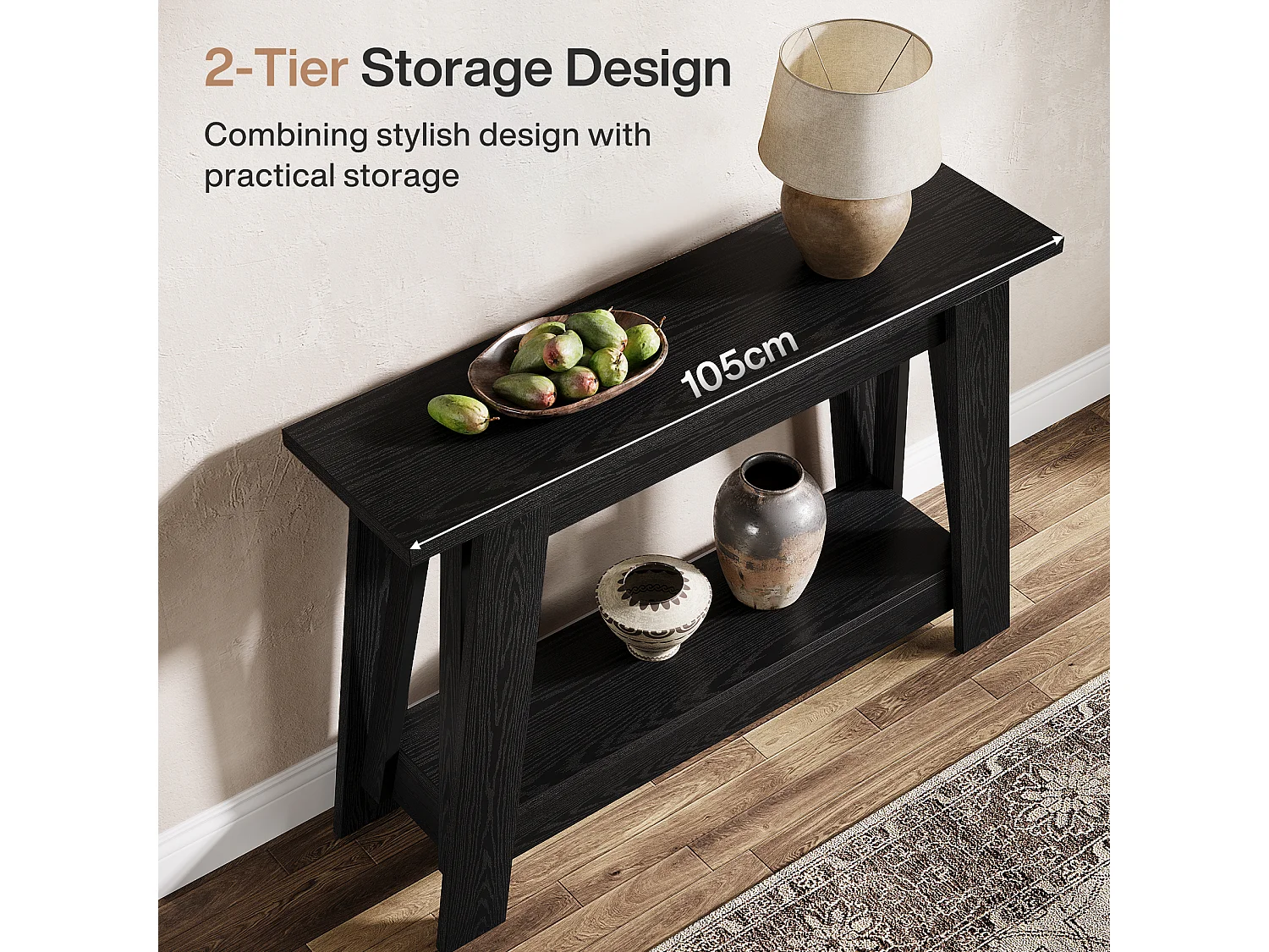 Console de 105 cm, table d'entrée à 2 niveaux avec rangement, style rustique étroit, idéale derrière un canapé, pour le salon ou le couloir, noire