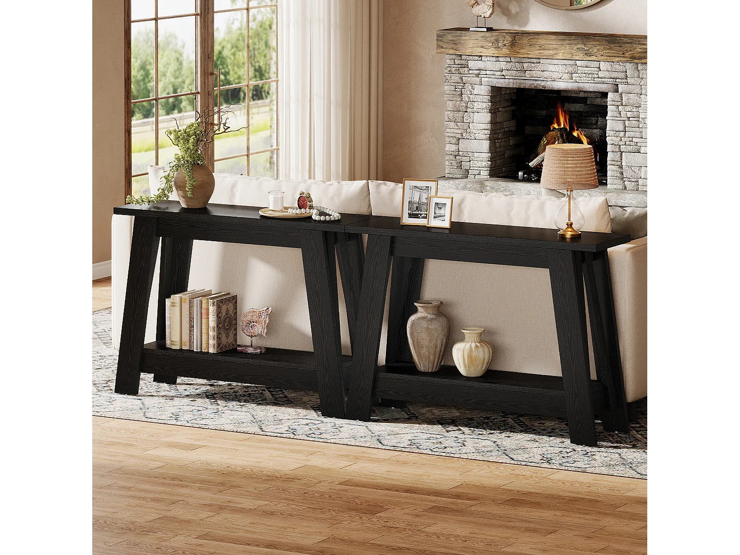 Console de 105 cm, table d'entrée à 2 niveaux avec rangement, style rustique étroit, idéale derrière un canapé, pour le salon ou le couloir, noire