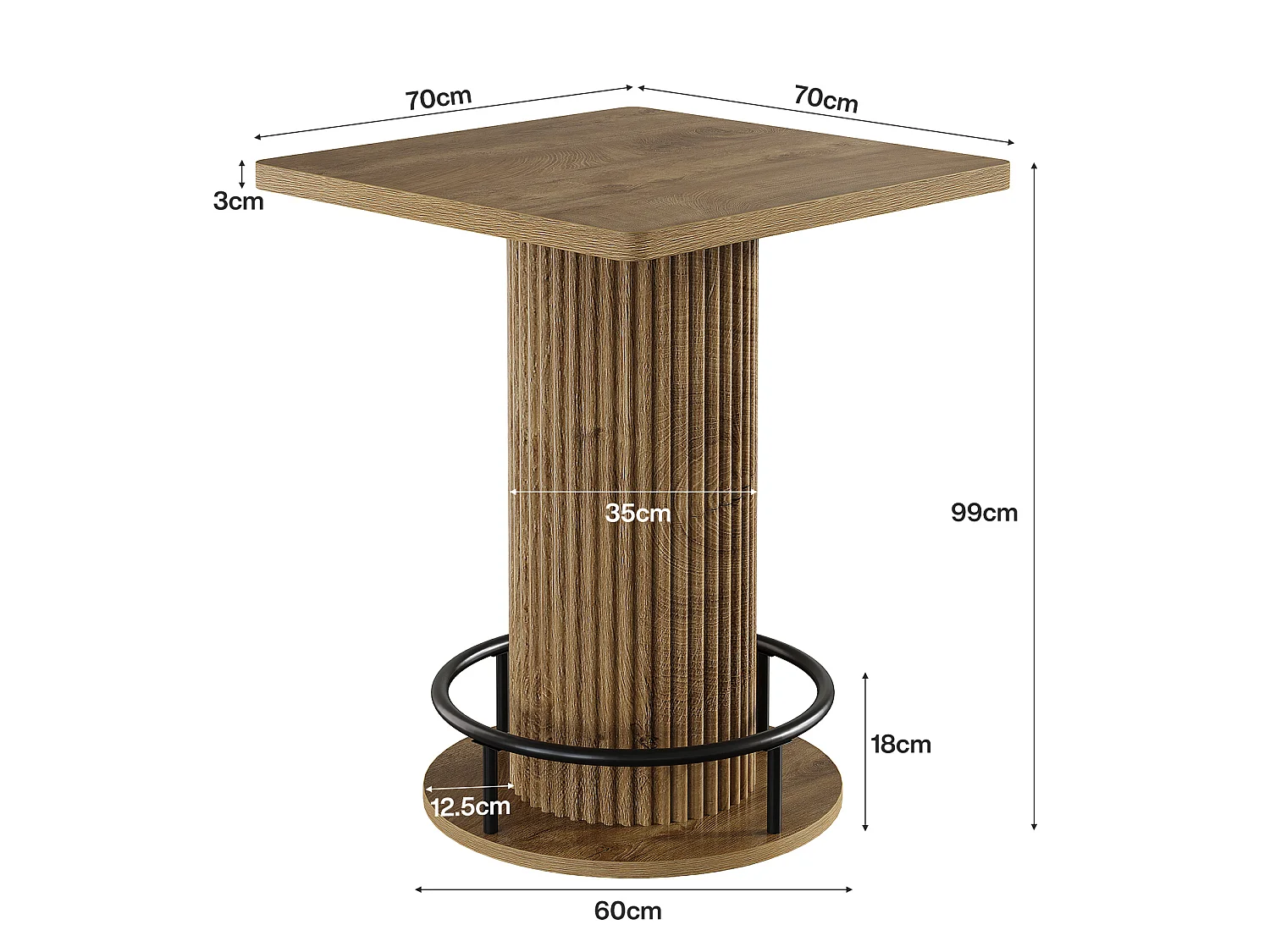 Table de bar carrée, 100x70x70cm, table de bar/bistro/pub en bois avec repose-pieds en métal et coins arrondis (table seule)