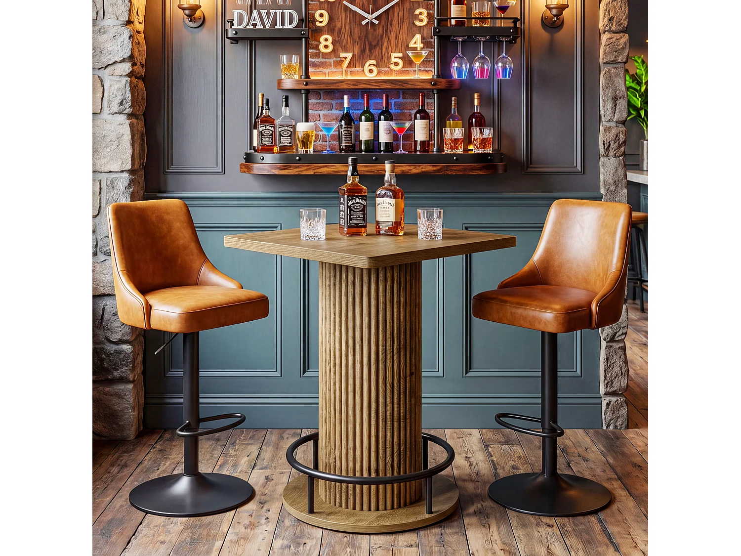 Table de bar carrée, 100x70x70cm, table de bar/bistro/pub en bois avec repose-pieds en métal et coins arrondis (table seule)