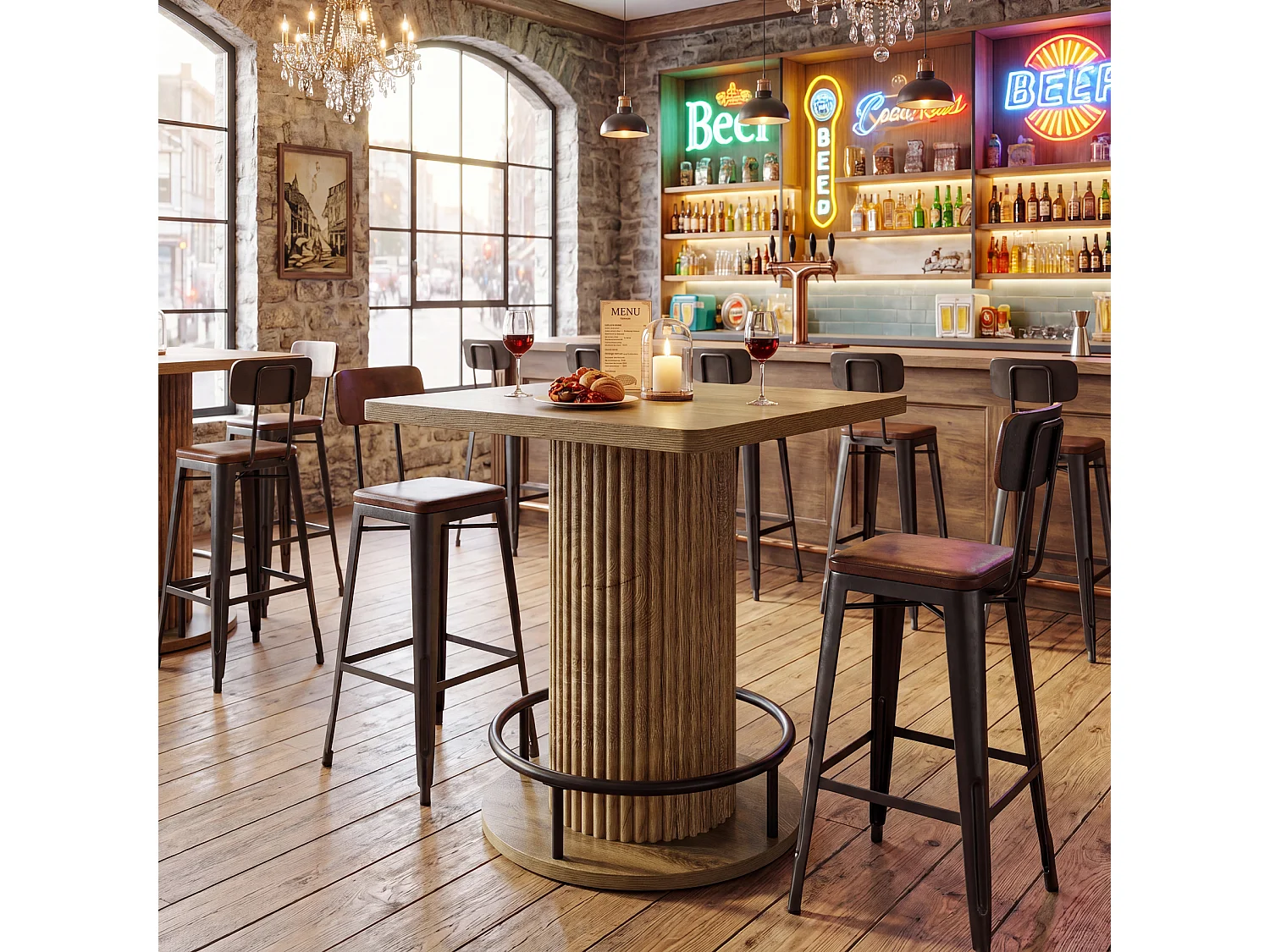 Table de bar carrée, 100x70x70cm, table de bar/bistro/pub en bois avec repose-pieds en métal et coins arrondis (table seule)