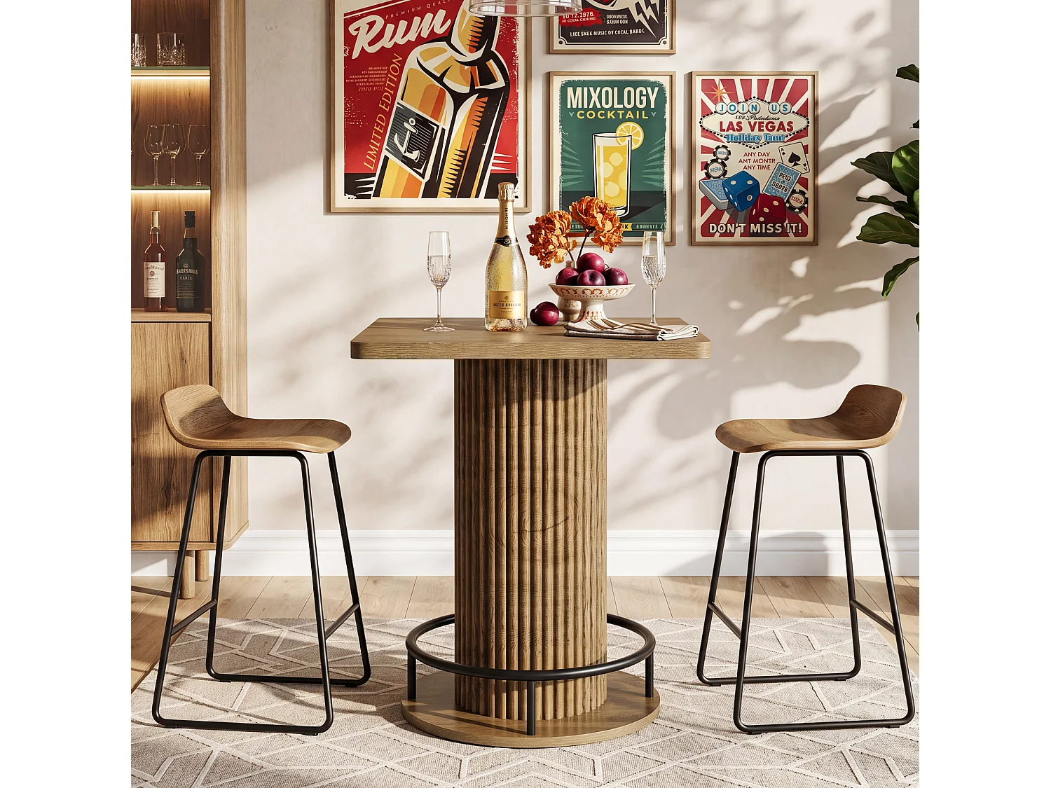 Table de bar carrée, 100x70x70cm, table de bar/bistro/pub en bois avec repose-pieds en métal et coins arrondis (table seule)