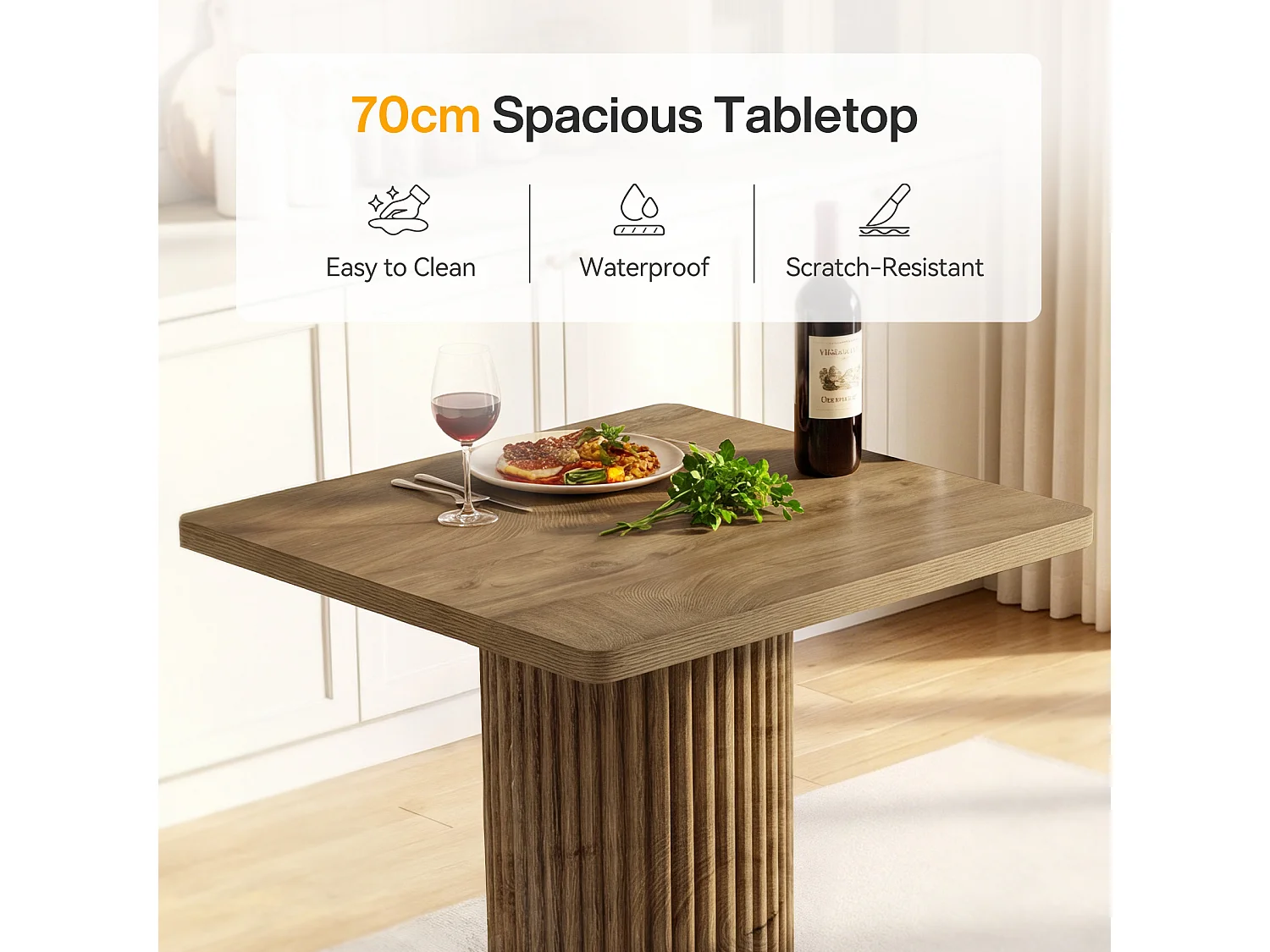 Table de bar carrée, 100x70x70cm, table de bar/bistro/pub en bois avec repose-pieds en métal et coins arrondis (table seule)