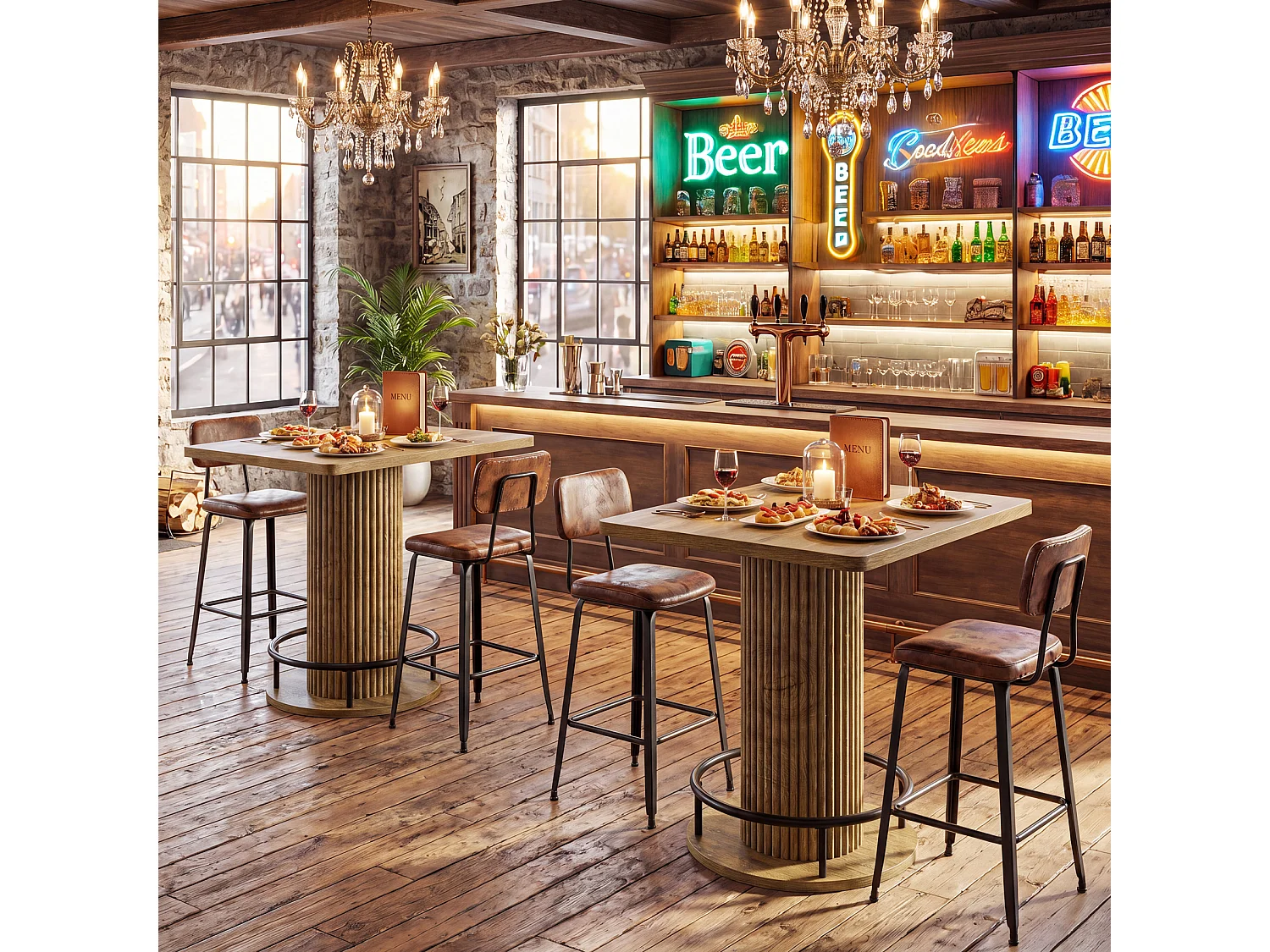 Table de bar carrée, 100x70x70cm, table de bar/bistro/pub en bois avec repose-pieds en métal et coins arrondis (table seule)