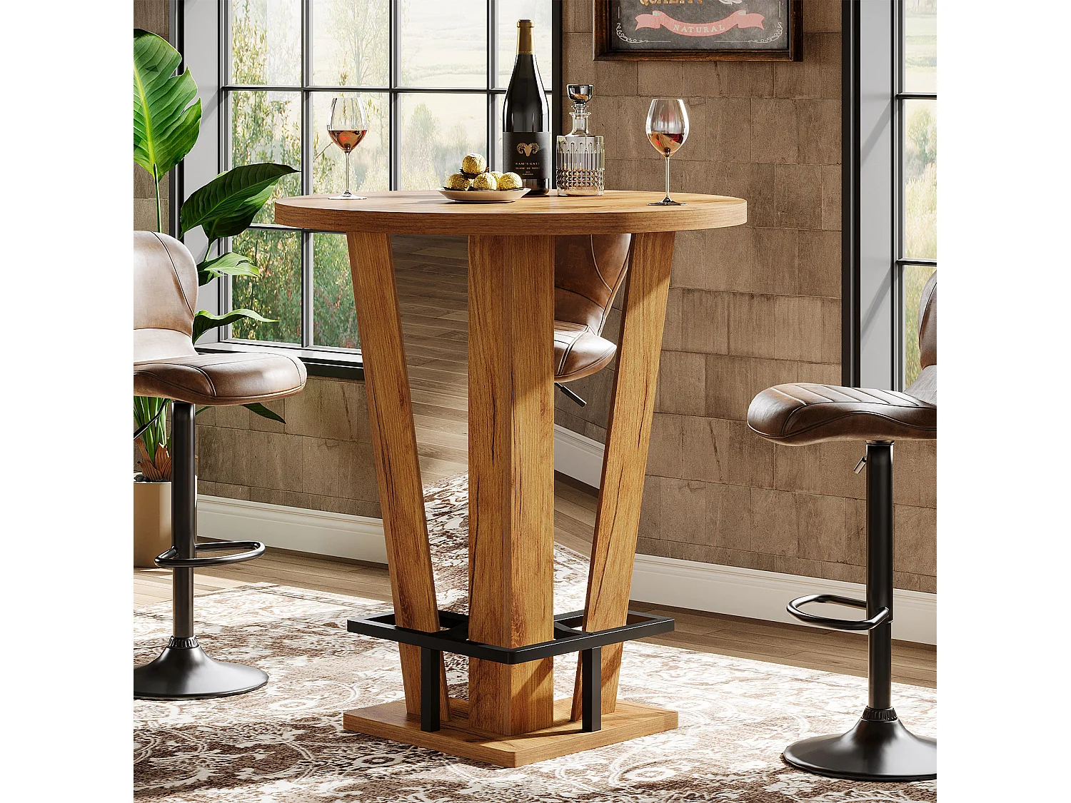Table de bar ronde, table haute de 100 cm de haut, style bistro, avec repose-pieds en métal, idéale pour les petits espaces et les salons, couleur marron