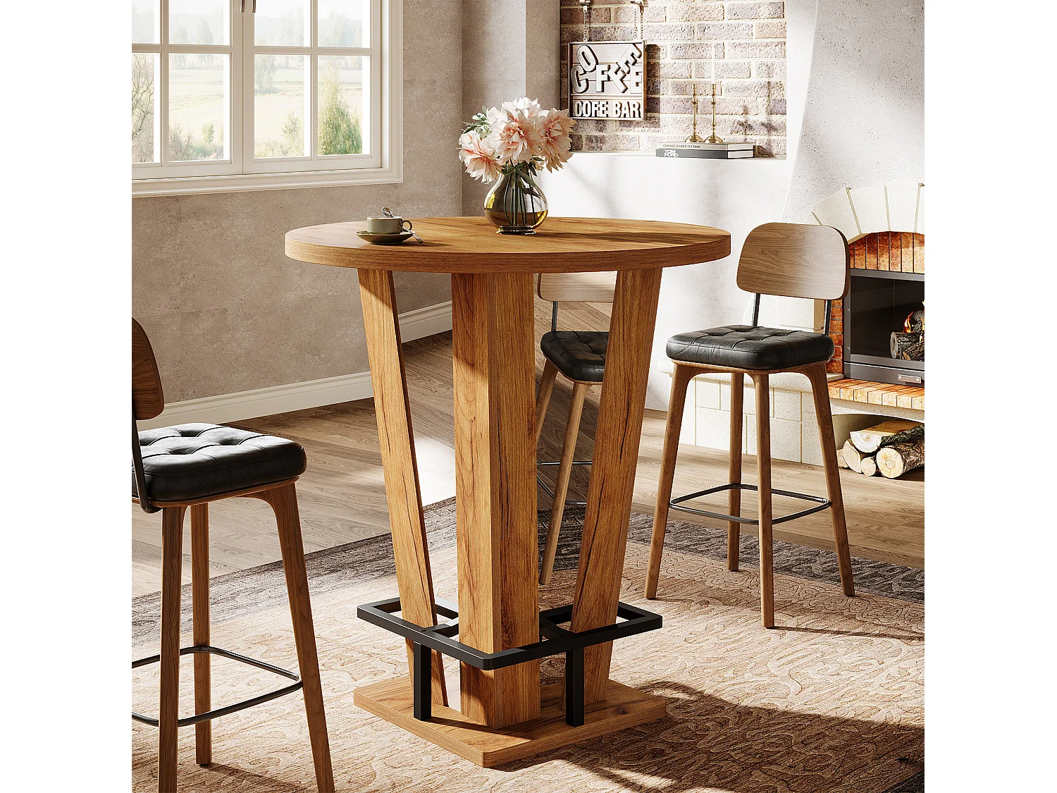 Table de bar ronde, table haute de 100 cm de haut, style bistro, avec repose-pieds en métal, idéale pour les petits espaces et les salons, couleur marron