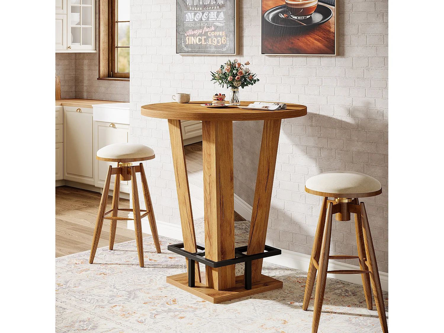 Table de bar ronde, table haute de 100 cm de haut, style bistro, avec repose-pieds en métal, idéale pour les petits espaces et les salons, couleur marron