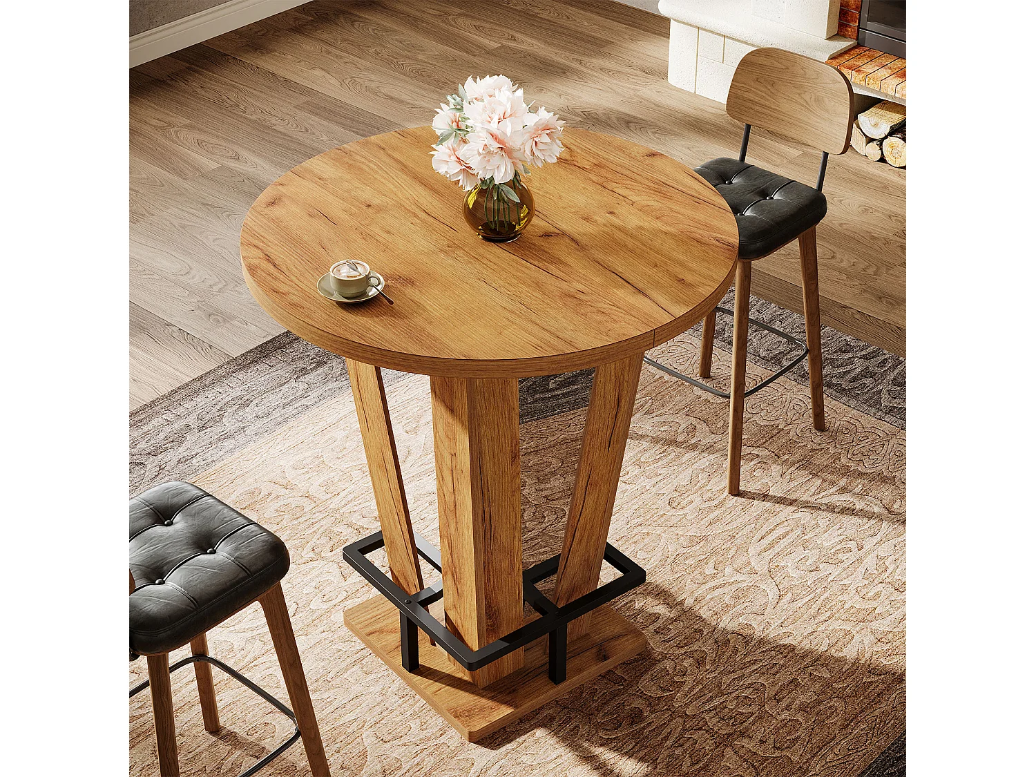 Table de bar ronde, table haute de 100 cm de haut, style bistro, avec repose-pieds en métal, idéale pour les petits espaces et les salons, couleur marron
