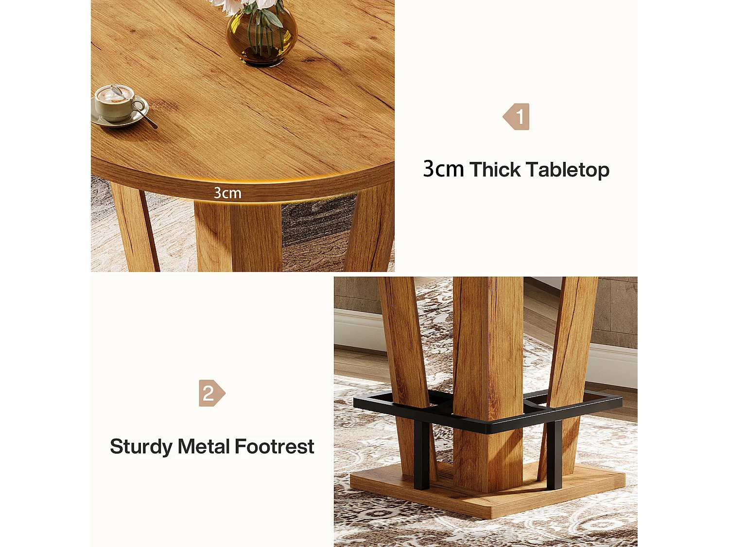 Table de bar ronde, table haute de 100 cm de haut, style bistro, avec repose-pieds en métal, idéale pour les petits espaces et les salons, couleur marron