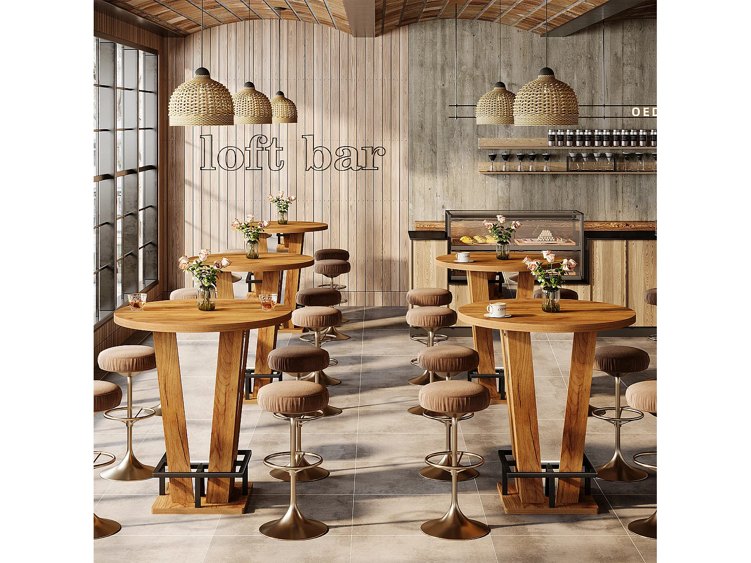 Table de bar ronde, table haute de 100 cm de haut, style bistro, avec repose-pieds en métal, idéale pour les petits espaces et les salons, couleur marron